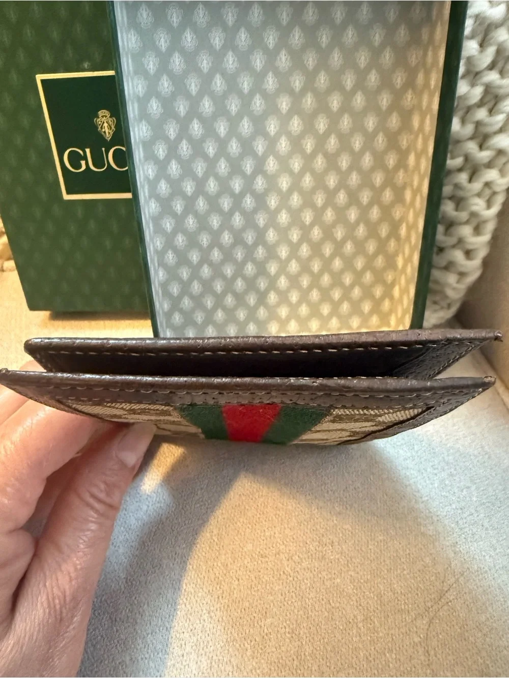 Gucci Brown GG Canvas Card Holder with Green and Red Web Stripe